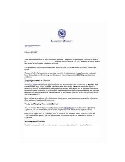 乔治城大学录取通知（已脱敏）