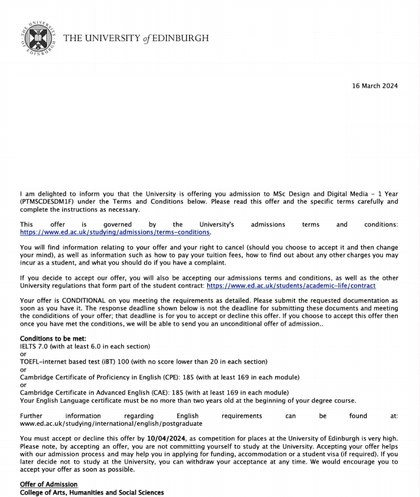 爱丁堡大学录取通知（已脱敏）